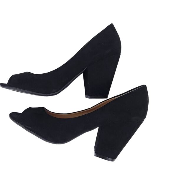 Cato Heels Black Block Heel Open Toe Faux Suede Career Shoes Size 8 Casual - Picture 2 of 5